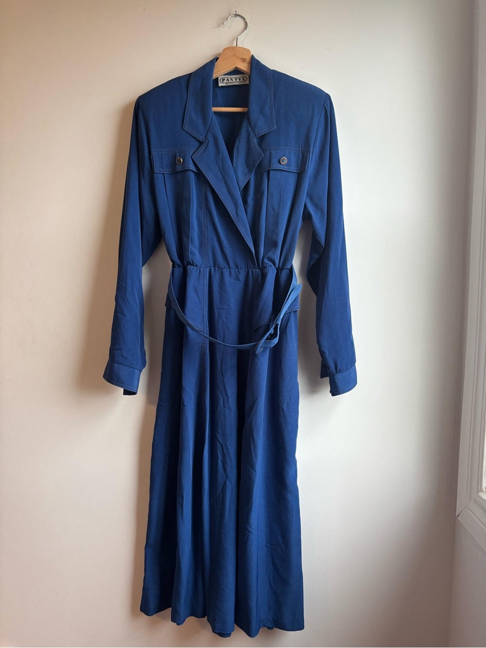 Vintage Blue Long Sleeve Belted Dress